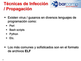 Técnicas de Infección
/ Propagación
13
 Existen virus / gusanos en diversos lenguajes de
programación como:
 Perl
 Bash scripts
 Python
 Etc.
 Los más comunes y sofisticados son en el formato
de archivos ELF
 