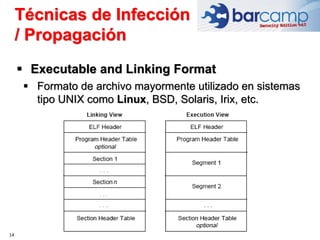 Técnicas de Infección
/ Propagación
14
 Executable and Linking Format
 Formato de archivo mayormente utilizado en sistemas
tipo UNIX como Linux, BSD, Solaris, Irix, etc.
 