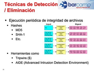 33
 Ejecución periódica de integridad de archivos
 Hashes
 MD5
 SHA-1
 Etc.
 Herramientas como
 Tripwire ($)
 AIDE (Advanced Intrusion Detection Environment)
Técnicas de Detección
/ Eliminación
 