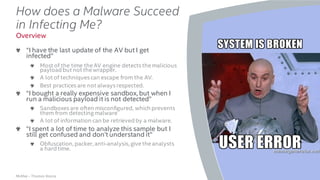 .
McAfee – Thomas Roccia
How does a Malware Succeed
in Infecting Me?
“I have the last update of the AV but I get
infected”
Most of the time the AV engine detectsthe malicious
payload but not the wrapper.
A lot of techniquescan escape from the AV.
Best practicesare not alwaysrespected.
“I bought a really expensive sandbox, but when I
run a malicious payload it is not detected”
Sandboxesare often misconfigured, which prevents
them from detectingmalware
A lot of information can be retrieved by a malware.
“I spent a lot of time to analyze this sample but I
still get confused and don’t understand it”
Obfuscation, packer, anti-analysis, give the analysts
a hard time.
9
Overview
 