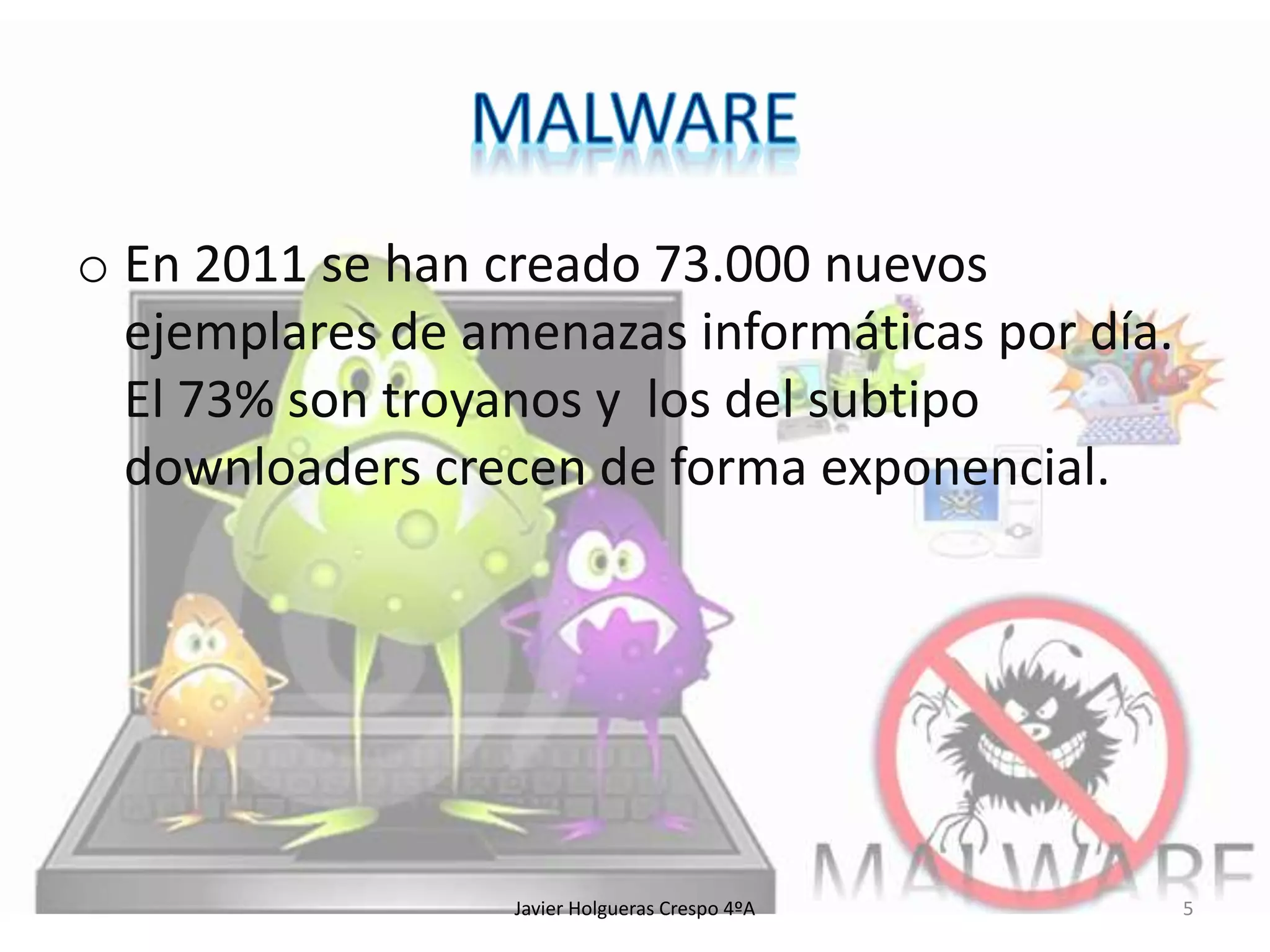 o En 2011 se han creado 73.000 nuevos
ejemplares de amenazas informáticas por día.
El 73% son troyanos y los del subtipo
downloaders crecen de forma exponencial.

Javier Holgueras Crespo 4ºA

5

 