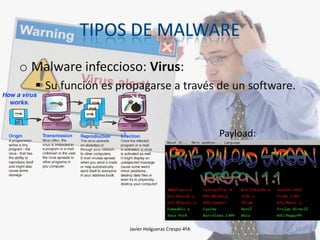 o Malware infeccioso: Virus:
 Su función es propagarse a través de un software.

Payload:

Javier Holgueras Crespo 4ºA

13

 