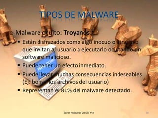o Malware oculto: Troyanos:
 Están disfrazados como algo inocuo o atractivo
que invitan al usuario a ejecutarlo ocultando un
software malicioso.
 Puede tener un efecto inmediato.
 Puede llevar muchas consecuencias indeseables
(Ej: borrar los archivos del usuario)
 Representan el 81% del malware detectado.

Javier Holgueras Crespo 4ºA

38

 