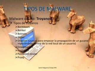 o Malware oculto: Troyanos:
 Tipos de troyanos
Backdoors
Banker
Botnets
Dialer
Dropper (usados para empezar la propagación de un gusano
inyectándolo dentro de la red local de un usuario)
Downloaders
Keylogger
Password stealer
Proxy

Javier Holgueras Crespo 4ºA

41

 