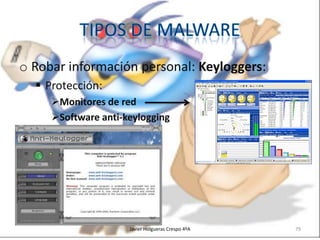 o Robar información personal: Keyloggers:
 Protección:
Monitores de red
Software anti-keylogging

Javier Holgueras Crespo 4ºA

79

 