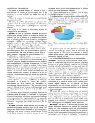 3
pueden incrustar código malicioso.
•El sistema de arranque (sectores HD, archivos de inicio y
principalmente el registro de configuraciones que se ha
convertido en el sitio preferido para cargar todo tipo de
malware).
•El pool de procesos en memoria (que representa la lista de
procesos en ejecución).
•El sistema de archivos (obviamente una aplicación debe
ejecutarse desde un archivo que contenga sus instrucciones
ejecutables y hace del spam y el phishing un caso especial de
malware).
•El tráfico de red (donde se intercambian paquetes de
información con otras máquinas).
Rootkits: Se trata de programas diseñados para ocultar
objetos como procesos, archivos o entradas del Registro de
sistemas. Este tipo de software no es malicioso en sí mismo,
pero es utilizado por los creadores de malware para esconder
evidencias y utilidades en los sistemas infectados. Existen
ejemplares de malware que emplean rootkits con la finalidad de
ocultar su presencia en el sistema en el que se instalan.
Rootkits[6], trabajan como parte del sistema operativo y no
dejar que los usuarios puedan ver las tareas o servicios reales.
El Sistema operativo estará bajo el control total del atacante y
se puede esconder todo lo que quiera en el sistema. Rootkits
tienen dos grupos principales con diferentes arquitecturas,
Rootkits clásica y rootkits de kernel.
Inicialmente los rootkit aparecieron en el sistema operativo
UNIX y eran una colección de una o más herramientas que le
permitían al atacante conseguir y mantener el acceso al usuario
de la computadora más privilegiado (en los sistemas UNIX, este
usuario se llama *root* y de ahí su nombre). En los sistemas
basados en Windows, los rootkits se han asociado en general con
herramientas usadas para ocultar programas o procesos al
usuario. Una vez que se instala, el rootkit utiliza funciones del
sistema operativo para ocultarse, de manera tal de no ser
detectado y es usado en general para ocultar otros programas
dañinos.
Un rootkit ataca directamente el funcionamiento de base de un
sistema operativo. En Linux, modificando y trabajando
directamente en el kernel del sistema. En Windows,
interceptando los APIs (Interfaz de Aplicaciones de
Programación) del sistema operativo. Estas, interactúan entre el
usuario y el kernel; de esta forma, el rootkit manipula el kernel
sin trabajar directamente en él como en el caso del software
libre.
La utilización de estos programas se alinea a la perfección con
la dinámica actual del malware: El Cibercrimen. Si el objetivo es
la realización de delitos informáticos para conseguir beneficios
económicos, será de vital importancia pasar lo más inadvertido
posible. De esta forma, se maximizará la cantidad de tiempo que
el malware consiga estar activo dentro del ordenador, sin ser
detectado.
Troyanos: El término troyano proviene de la leyenda del
caballo de Troya, ya que su objetivo inicial es el de engañar a los
usuarios para que los ejecuten simulando ser archivos normales e
indefensos, como juegos, programas, animaciones etc. De esta
forma logran instalarse en nuestros sistemas y una vez
ejecutados, parecen realizar tareas inofensivas pero en paralelo
realizan otras tareas ocultas en el ordenador.
Los Troyanos a diferencia de los Gusanos y Virus, no tienen
la capacidad de reproducirse por sí mismo.
Según las estadísticas en su informe trimestral PandaLabs [7],
hasta el tercer trimestre del año, los troyanos ocupaban el
72,58% en producción de nuevos malware creados (Casi 3 de
cada 4 muestras de malware son troyanos). Los resultados de la
investigación se muestran en la Figura 1.
Figura 1. Nuevo malware creados en el tercer trimestre de 2012,
por tipo.
Los propósitos para los cuales pueden ser utilizados los
Troyanos son muchos, por ejemplo: Robo de información del
sistema, registro de tipeo y robo de contraseñas o accesos
remotos (puertas traseras), donde permiten al atacante conectarse
remotamente al equipo infectado.
Los troyanos los podemos clasificar en los siguientes tipos:
Backdoors: Troyanos de acceso remotos o puertas trasera,
tienen la características de permitirle al atacante conectarse
remotamente al equipo infectado. Luego de que el atacante
accede al ordenador del usuario, los usos que puede hacer del
mismo son variados, según las herramientas que utilice: enviar
correos masivos, eliminar o modificar archivos, ejecución de
archivos, reiniciar el equipo o usos más complejos como
instalar aplicaciones para uso malicioso (por ejemplo:
alojamiento de sitios web de violencia o pedofilia).
En los últimos meses [8], esta rápida proliferación mundial
de código malicioso cada vez más inteligentes ha llegado
acompañado de un método de ataque dañino: troyanos que se
instalan puertas traseras en los sistemas de redes
comprometidas para que puedan participar en la actividad
malintencionada desde un sistema infectado y enviar los datos
a ubicaciones remotas .
El código del troyano se disfraza como un programa
inofensivo, correo electrónico, o una imagen, etc, y con el
éxito de obtener acceso al sistema, el troyano puede dar rienda
suelta a código dañino como la instalación de puertas traseras.
Una vez establecida la puerta trasera, ningún cracker puede
perpetrar, pirata informático, o otra persona con conocimiento
de la apertura puede utilizarla para la entrada del sistema.
Keyloggers: Son uno de los troyanos más utilizados para
obtener información sensible de los usuarios. Son programas
creados para robar información, para lo cual monitorean todas
las pulsaciones del teclado y las almacenan para un posterior
envío al creador, quien puede obtener beneficios económicos o
de otro tipo a través de su uso o distribución. Por ejemplo, al
 