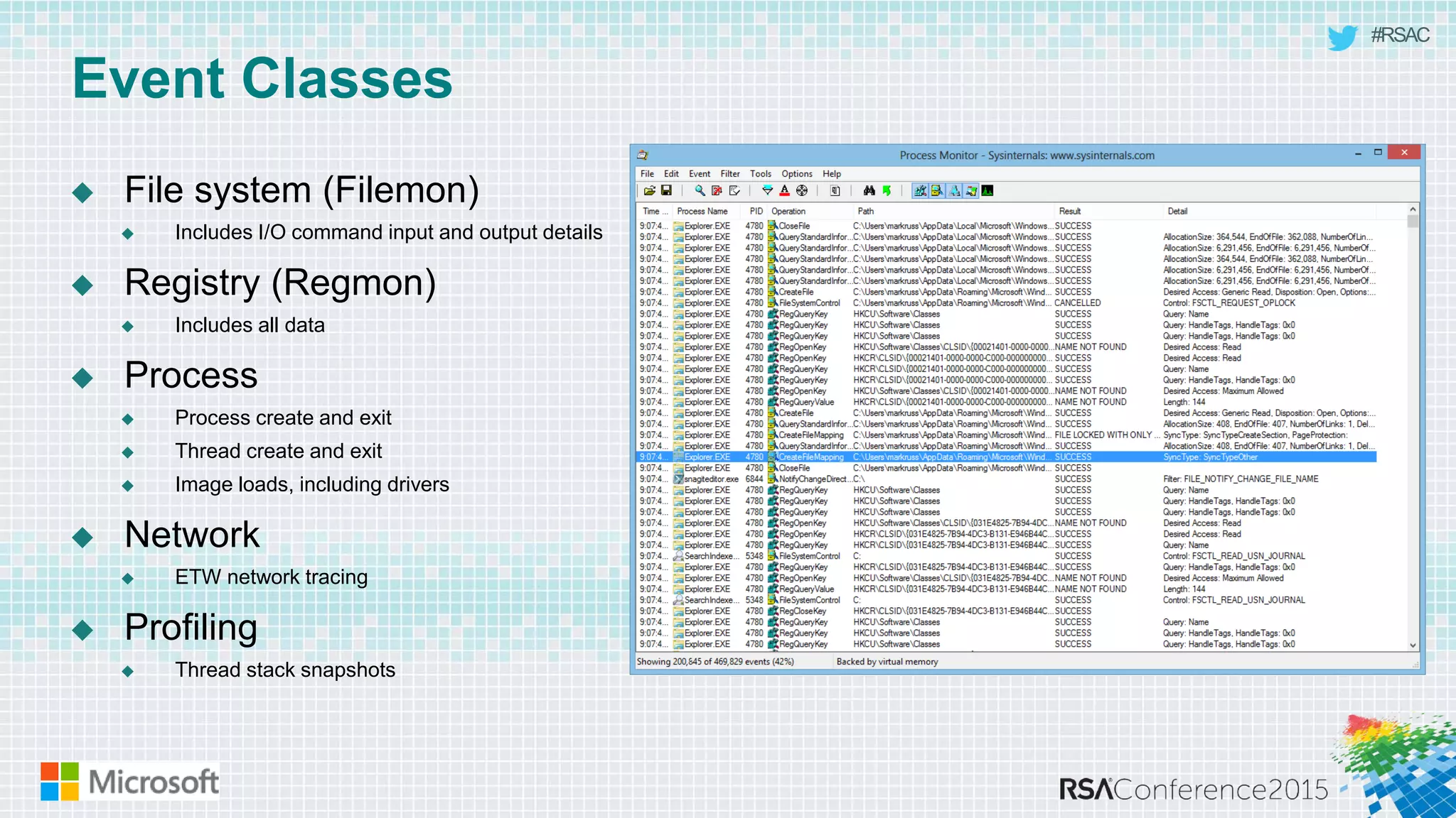 #RSAC
Event Classes
 File system (Filemon)
 Includes I/O command input and output details
 Registry (Regmon)
 Includes all data
 Process
 Process create and exit
 Thread create and exit
 Image loads, including drivers
 Network
 ETW network tracing
 Profiling
 Thread stack snapshots
 