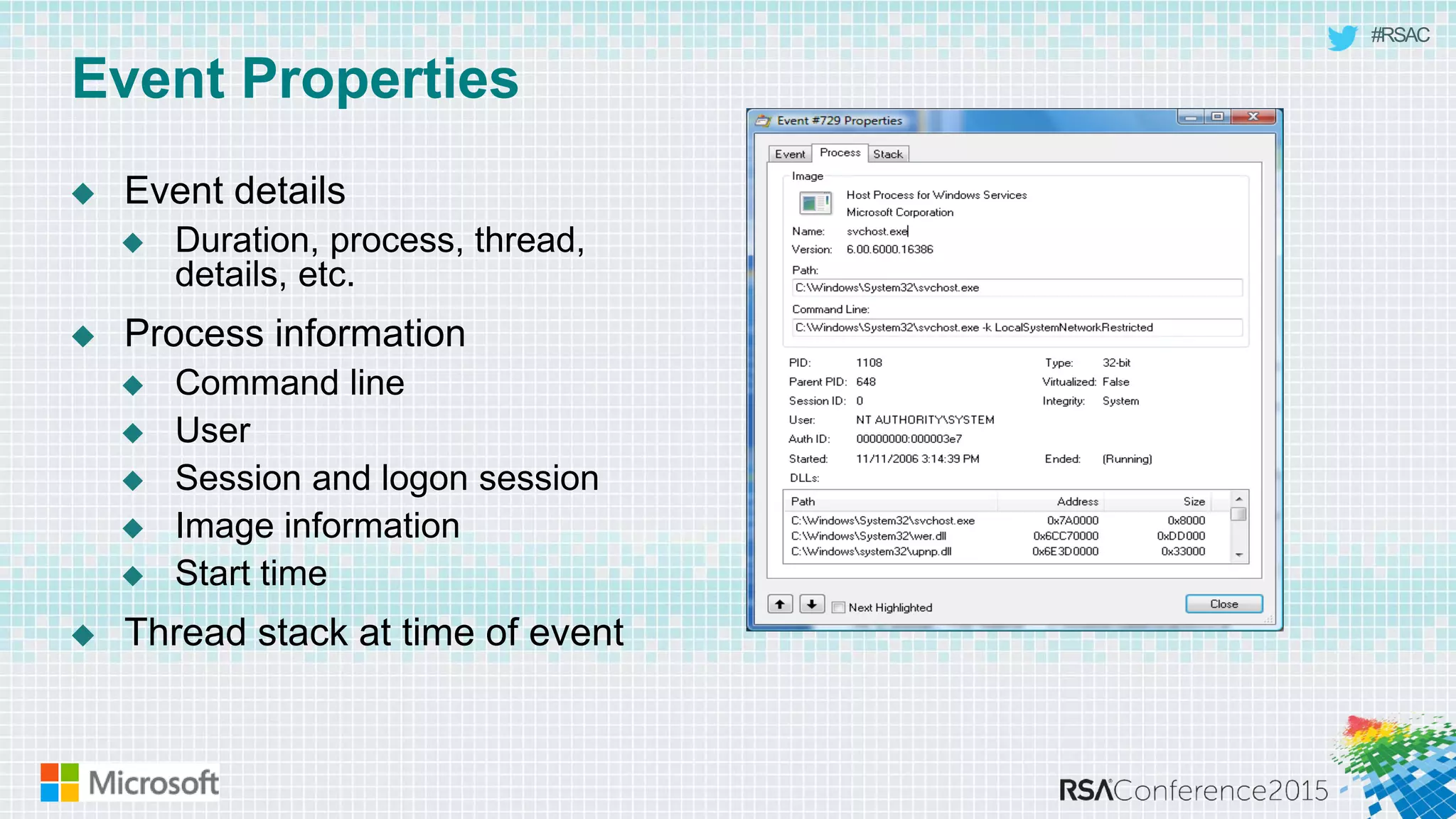 #RSAC
Event Properties
 Event details
 Duration, process, thread,
details, etc.
 Process information
 Command line
 User
 Session and logon session
 Image information
 Start time
 Thread stack at time of event
 
