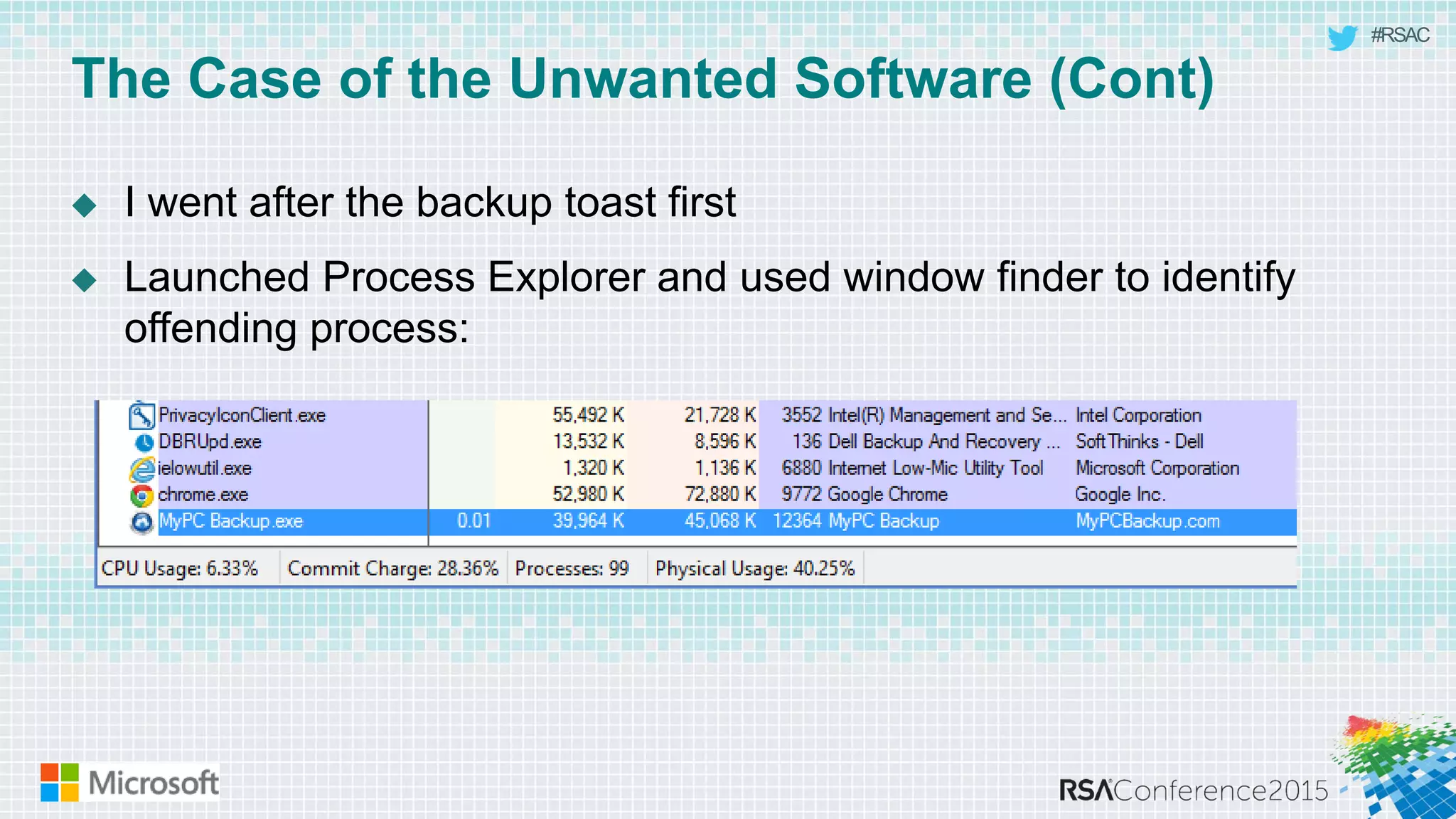 #RSAC
The Case of the Unwanted Software (Cont)
 I went after the backup toast first
 Launched Process Explorer and used window finder to identify
offending process:
 