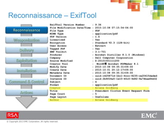 © Copyright 2013 EMC Corporation. All rights reserved.
Reconnaissance – ExifTool
ExifTool Version Number : 9.36
File Modification Date/Time : 2010:10:08 07:15:54-04:00
File Type : PDF
MIME Type : application/pdf
PDF Version : 1.6
Linearized : Yes
Encryption : Standard V2.3 (128-bit)
User Access : Extract
Tagged PDF : Yes
XMP Toolkit : 3.1-701
Producer : Acrobat Distiller 8.1.0 (Windows)
Company : Dell Computer Corporation
Source Modified : D:20101001111200
Creator Tool : Word8墁 Acrobat PDFMaker 8.1
Modify Date : 2010:10:08 09:35:31+09:00
Create Date : 2010:10:01 20:12:17+09:00
Metadata Date : 2010:10:08 09:35:31+09:00
Document ID : uuid:c425871d-1bc1-4ccc-8235-ce20615daded
Instance ID : uuid:2b9f24a5-1e10-40c0-9d92-9a74bae84d32
Subject : 4
Format : application/pdf
Creator : Arlene Goldberg
Title : President Clinton Event Request Form
Page Count : 5
Page Layout : OneColumn
Author : Arlene Goldberg
 