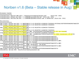 © Copyright 2013 EMC Corporation. All rights reserved.
Noriben v1.6 (Beta – Stable release in Aug)
Processes Created:
==================
[CreateProcess] Explorer.EXE:1432 > ”%UserProfile%Desktopmalware.exe" [Child PID: 2520]
[CreateProcess] malware.exe:2520 > "C:WINDOWSsystem32cmd.exe" [Child PID: 3444]
[CreateProcess] services.exe:680 > "C:WINDOWSSystem32svchost.exe -k HTTPFilter" [Child PID: 3512]
File Activity:
==================
[New Folder] malware.exe:2520 > C:RECYCLERS-1-5-21-861567501-412668190-725345543-500$fab110457830839344b58457ddd1f357
[New Folder] malware.exe:2520 > C:RECYCLERS-1-5-21-861567501-412668190-725345543-
500$fab110457830839344b58457ddd1f357L
[New Folder] malware.exe:2520 > C:RECYCLERS-1-5-21-861567501-412668190-725345543-
500$fab110457830839344b58457ddd1f357U
[CreateFile] malware.exe:2520 > C:RECYCLERS-1-5-21-861567501-412668190-725345543-
500$fab110457830839344b58457ddd1f357@ [MD5: 814c3536c2aab13763ac0beb7847a71f] [VT: Not Scanned]
[CreateFile] malware.exe:2520 > C:RECYCLERS-1-5-21-861567501-412668190-725345543-
500$fab110457830839344b58457ddd1f357n [MD5: cfaddbb43ba973f8d15d7d2e50c63476] [YARA: ZeroAccess] [VT:42/46]
[New Folder] malware.exe:2520 > C:RECYCLERS-1-5-18
[New Folder] malware.exe:2520 > C:RECYCLERS-1-5-18$fab110457830839344b58457ddd1f357
[New Folder] malware.exe:2520 > C:RECYCLERS-1-5-18$fab110457830839344b58457ddd1f357L
[New Folder] malware.exe:2520 > C:RECYCLERS-1-5-18$fab110457830839344b58457ddd1f357U
[CreateFile] malware.exe:2520 > C:RECYCLERS-1-5-18$fab110457830839344b58457ddd1f357@ [MD5:
d1993f38046a68cc78a20560e8de9ad8] [VT: Not Scanned]
[CreateFile] malware.exe:2520 > C:RECYCLERS-1-5-18$fab110457830839344b58457ddd1f357n [MD5:
cfaddbb43ba973f8d15d7d2e50c63476] [YARA: ZeroAccess] [VT:42/46]
[CreateFile] services.exe:680 > C:RECYCLERS-1-5-18$fab110457830839344b58457ddd1f357@ [MD5:
d1993f38046a68cc78a20560e8de9ad8] [VT: Not Scanned]
[New Folder] services.exe:680 > C:RECYCLERS-1-5-18$fab110457830839344b58457ddd1f357U
[DeleteFile] cmd.exe:3444 %UserProfile%Desktopmalware.exe
 