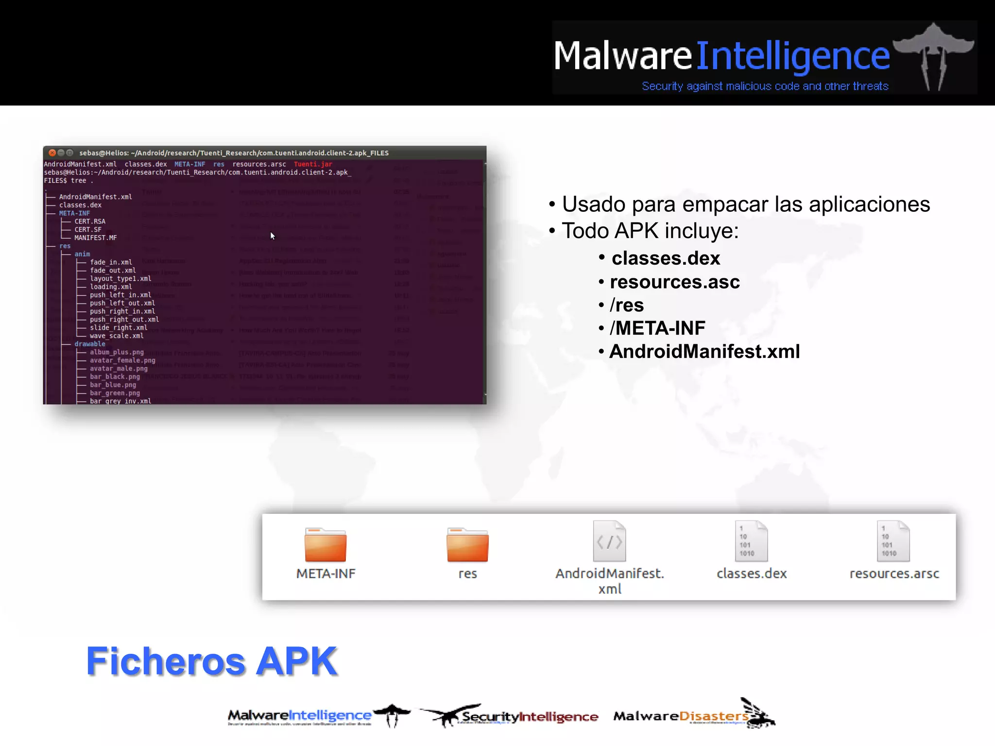 • Usado para empacar las aplicaciones
               • Todo APK incluye:
                    • classes.dex
                   • resources.asc
                   • /res
                   • /META-INF
                   • AndroidManifest.xml




Ficheros APK
 