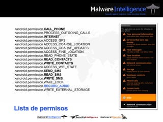 •android.permission.CALL_PHONE
•android.permission.PROCESS_OUTGOING_CALLS
•android.permission.INTERNET
•android.permission.ACCESS_GPS
•android.permission.ACCESS_COARSE_LOCATION
•android.permission.ACCESS_COARSE_UPDATES
•android.permission.ACCESS_FINE_LOCATION
•android.permission.READ_PHONE_STATE
•android.permission.READ_CONTACTS
•android.permission.WRITE_CONTACTS
•android.permission.ACCESS_WIFI_STATE
•android.permission.SEND_SMS
•android.permission.READ_SMS
•android.permission.WRITE_SMS
•android.permission.WAKE_LOCK
•android.permission.RECORD_AUDIO
•android.permission.WRITE_EXTERNAL_STORAGE




Lista de permisos
 