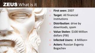 32
ZEUS What is it
o First seen: 2007
o Target: All financial
institutions
o Distribution: drive by
downloads, spam
o Value Stolen: $100 Million
dollars (FBI)
o Infected Users: 4 Million+
o Actors: Russian Evgeniy
Bogachev
 