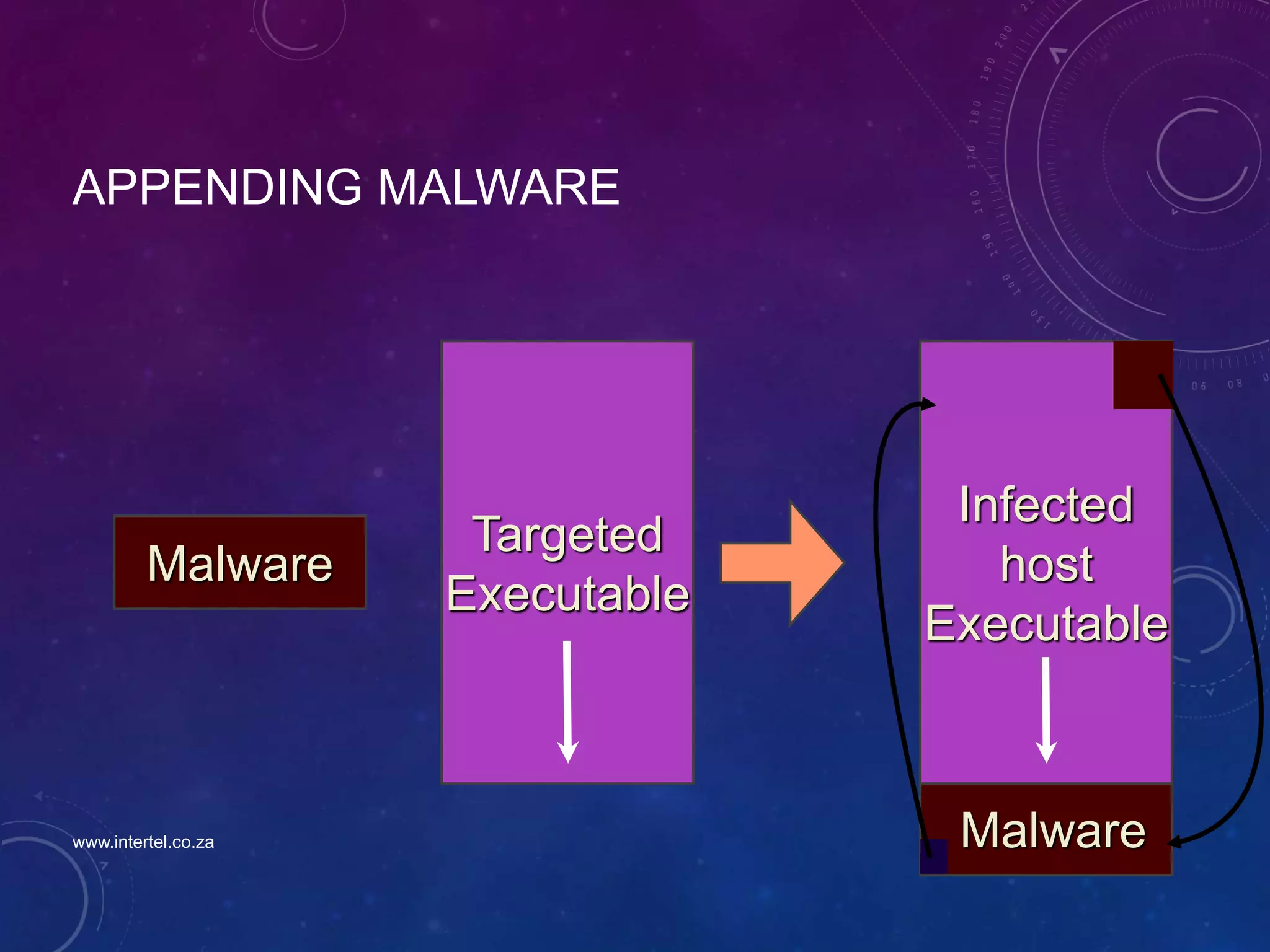 APPENDING MALWARE
Targeted
Executable
Malware
Infected
host
Executable
Malware
www.intertel.co.za
 