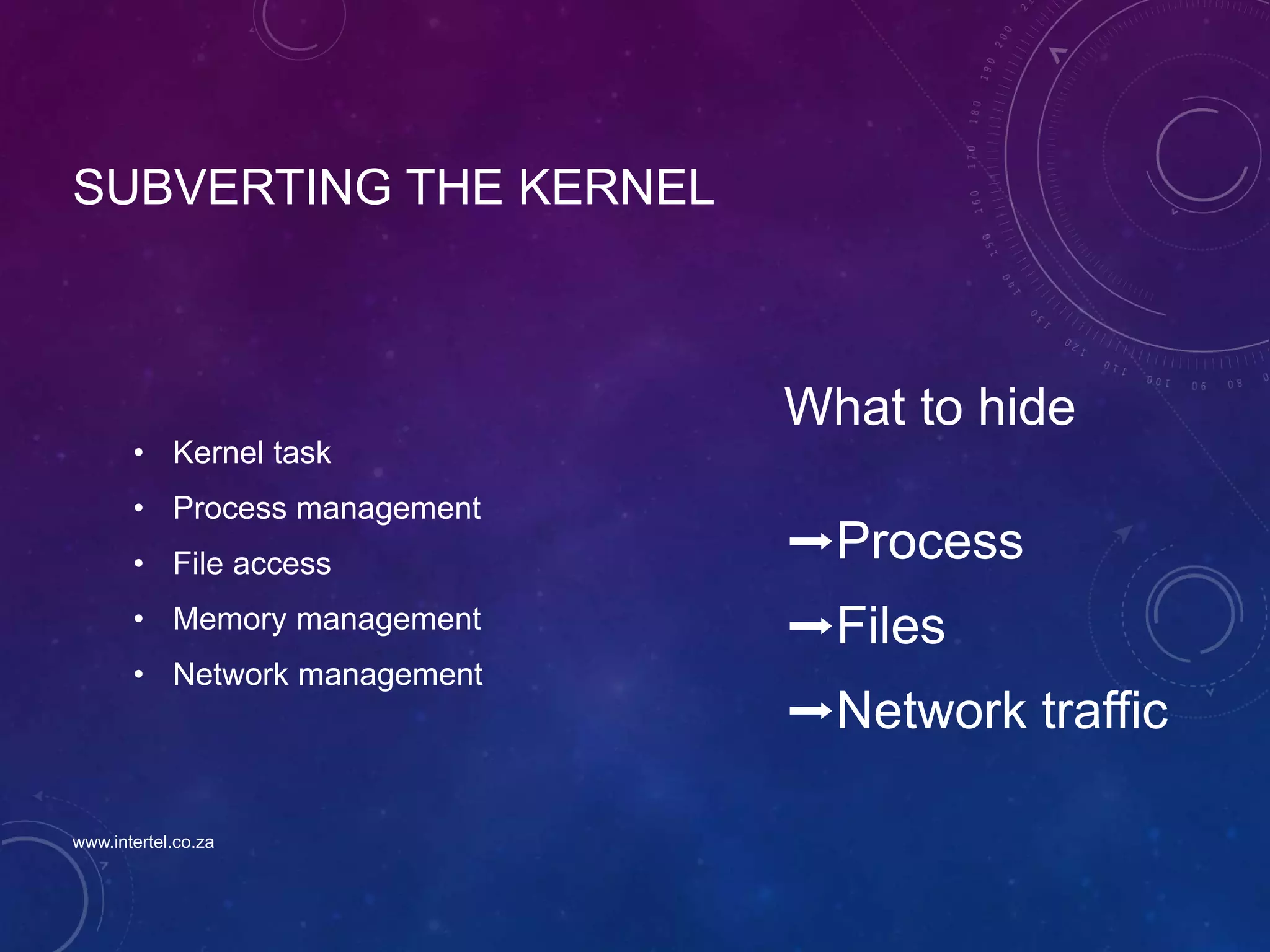 SUBVERTING THE KERNEL
• Kernel task
• Process management
• File access
• Memory management
• Network management
What to hide
➡Process
➡Files
➡Network traffic
www.intertel.co.za
 