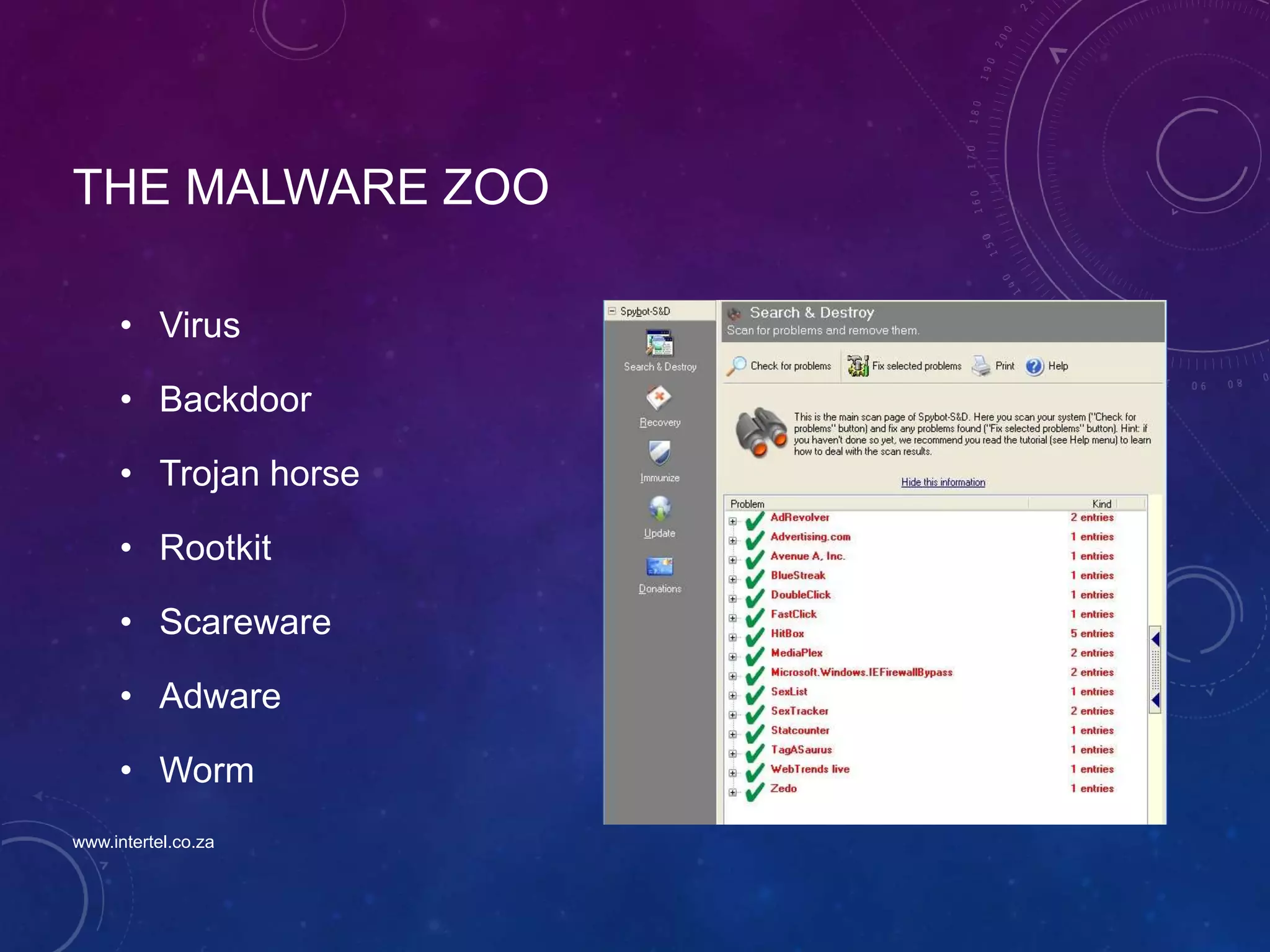 THE MALWARE ZOO
• Virus
• Backdoor
• Trojan horse
• Rootkit
• Scareware
• Adware
• Worm
www.intertel.co.za
 
