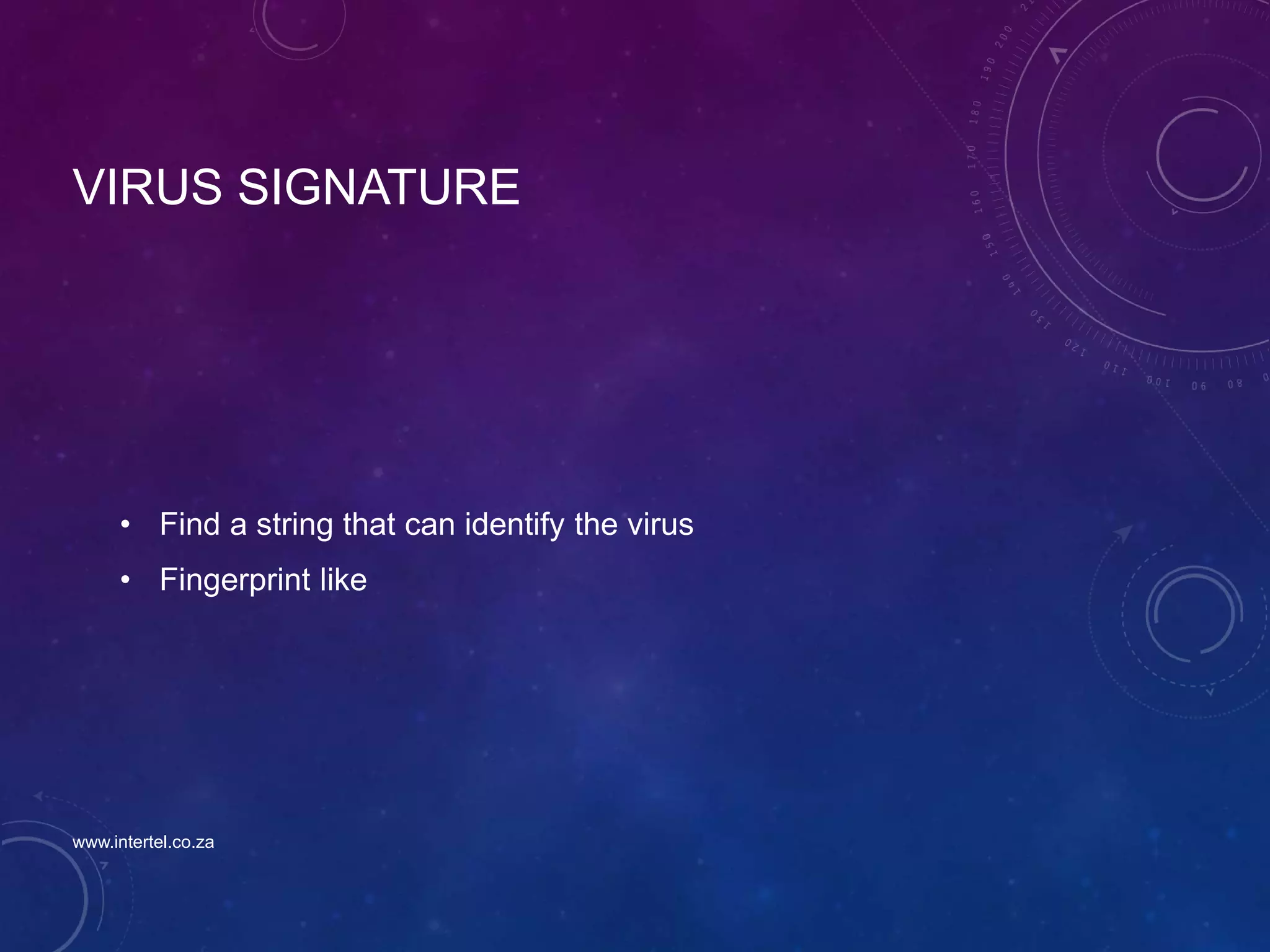 VIRUS SIGNATURE
• Find a string that can identify the virus
• Fingerprint like
www.intertel.co.za
 