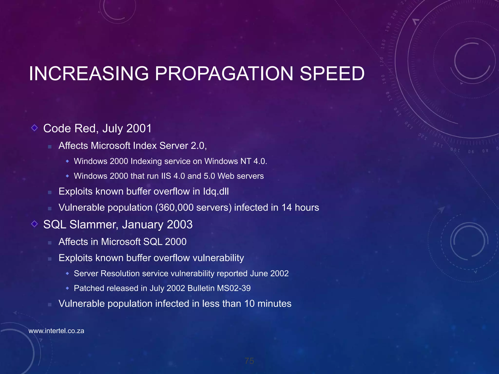 75
INCREASING PROPAGATION SPEED
Code Red, July 2001
 Affects Microsoft Index Server 2.0,
 Windows 2000 Indexing service on Windows NT 4.0.
 Windows 2000 that run IIS 4.0 and 5.0 Web servers
 Exploits known buffer overflow in Idq.dll
 Vulnerable population (360,000 servers) infected in 14 hours
SQL Slammer, January 2003
 Affects in Microsoft SQL 2000
 Exploits known buffer overflow vulnerability
 Server Resolution service vulnerability reported June 2002
 Patched released in July 2002 Bulletin MS02-39
 Vulnerable population infected in less than 10 minutes
www.intertel.co.za
 