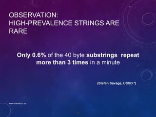 96
OBSERVATION:
HIGH-PREVALENCE STRINGS ARE
RARE
(Stefan Savage, UCSD *)
Only 0.6% of the 40 byte substrings repeat
more than 3 times in a minute
www.intertel.co.za
 