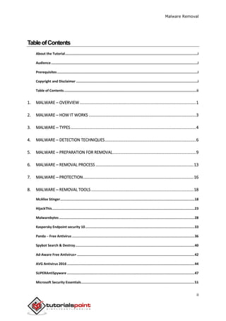 Malware Removal
ii
TableofContents
About the Tutorial....................................................................................................................................i
Audience..................................................................................................................................................i
Prerequisites............................................................................................................................................i
Copyright and Disclaimer .........................................................................................................................i
Table of Contents....................................................................................................................................ii
1. MALWARE – OVERVIEW......................................................................................................1
2. MALWARE ─ HOW IT WORKS ..............................................................................................3
3. MALWARE ─ TYPES..............................................................................................................4
4. MALWARE ─ DETECTION TECHNIQUES................................................................................6
5. MALWARE – PREPARATION FOR REMOVAL.........................................................................9
6. MALWARE – REMOVAL PROCESS ......................................................................................13
7. MALWARE ─ PROTECTION.................................................................................................16
8. MALWARE ─ REMOVAL TOOLS..........................................................................................18
McAfee Stinger......................................................................................................................................18
HijackThis..............................................................................................................................................23
Malwarebytes .......................................................................................................................................28
Kaspersky Endpoint security 10.............................................................................................................33
Panda ─ Free Antivirus ..........................................................................................................................36
Spybot Search & Destroy.......................................................................................................................40
Ad-Aware Free Antivirus+ .....................................................................................................................42
AVG Antivirus 2016 ...............................................................................................................................44
SUPERAntiSpyware ...............................................................................................................................47
Microsoft Security Essentials.................................................................................................................51
 