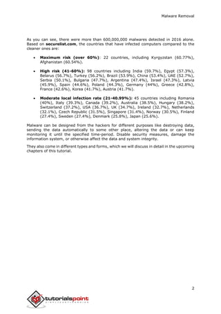 Malware Removal
2
As you can see, there were more than 600,000,000 malwares detected in 2016 alone.
Based on securelist.com, the countries that have infected computers compared to the
cleaner ones are:
 Maximum risk (over 60%): 22 countries, including Kyrgyzstan (60.77%),
Afghanistan (60.54%).
 High risk (41-60%): 98 countries including India (59.7%), Egypt (57.3%),
Belarus (56.7%), Turkey (56.2%), Brazil (53.9%), China (53.4%), UAE (52.7%),
Serbia (50.1%), Bulgaria (47.7%), Argentina (47.4%), Israel (47.3%), Latvia
(45.9%), Spain (44.6%), Poland (44.3%), Germany (44%), Greece (42.8%),
France (42.6%), Korea (41.7%), Austria (41.7%).
 Moderate local infection rate (21-40.99%): 45 countries including Romania
(40%), Italy (39.3%), Canada (39.2%), Australia (38.5%), Hungary (38.2%),
Switzerland (37.2%), USA (36.7%), UK (34.7%), Ireland (32.7%), Netherlands
(32.1%), Czech Republic (31.5%), Singapore (31.4%), Norway (30.5%), Finland
(27.4%), Sweden (27.4%), Denmark (25.8%), Japan (25.6%).
Malware can be designed from the hackers for different purposes like destroying data,
sending the data automatically to some other place, altering the data or can keep
monitoring it until the specified time-period. Disable security measures, damage the
information system, or otherwise affect the data and system integrity.
They also come in different types and forms, which we will discuss in detail in the upcoming
chapters of this tutorial.
 