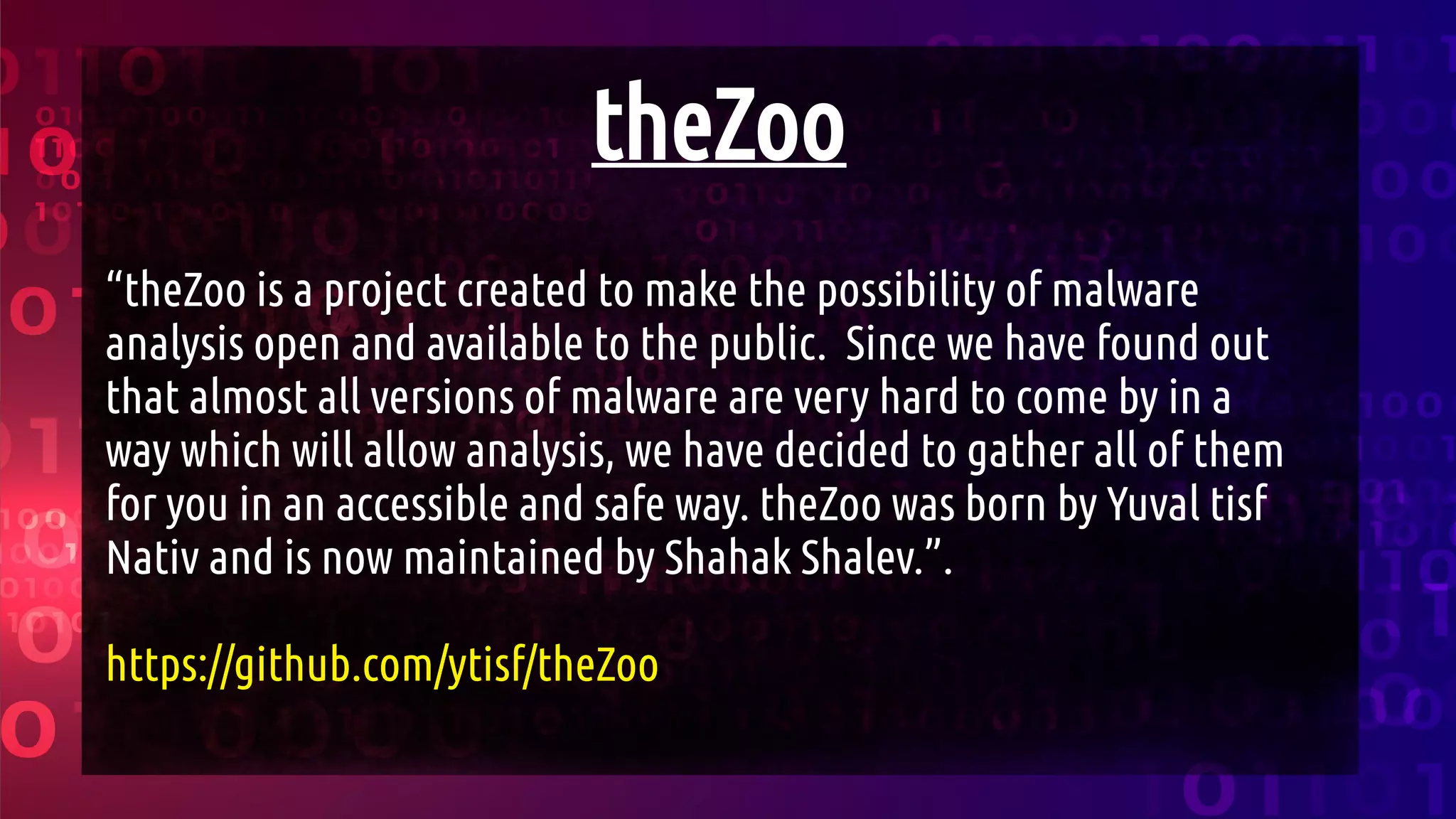 theZoo
“theZoo is a project created to make the possibility of malware
analysis open and available to the public. Since we have found out
that almost all versions of malware are very hard to come by in a
way which will allow analysis, we have decided to gather all of them
for you in an accessible and safe way. theZoo was born by Yuval tisf
Nativ and is now maintained by Shahak Shalev.”.
https://github.com/ytisf/theZoo
 