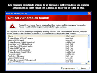 Este programa es instalado a través de un Troyano el cuál pretende ser una legítima actualización de Flash Player con la escusa de poder ver un video en línea