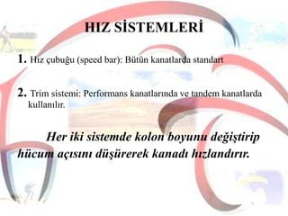 HIZ SĠSTEMLERĠ
1. Hız çubuğu (speed bar): Bütün kanatlarda standart
2. Trim sistemi: Performans kanatlarında ve tandem kanatlarda
kullanılır.

Her iki sistemde kolon boyunu değiĢtirip
hücum açısını düĢürerek kanadı hızlandırır.

 