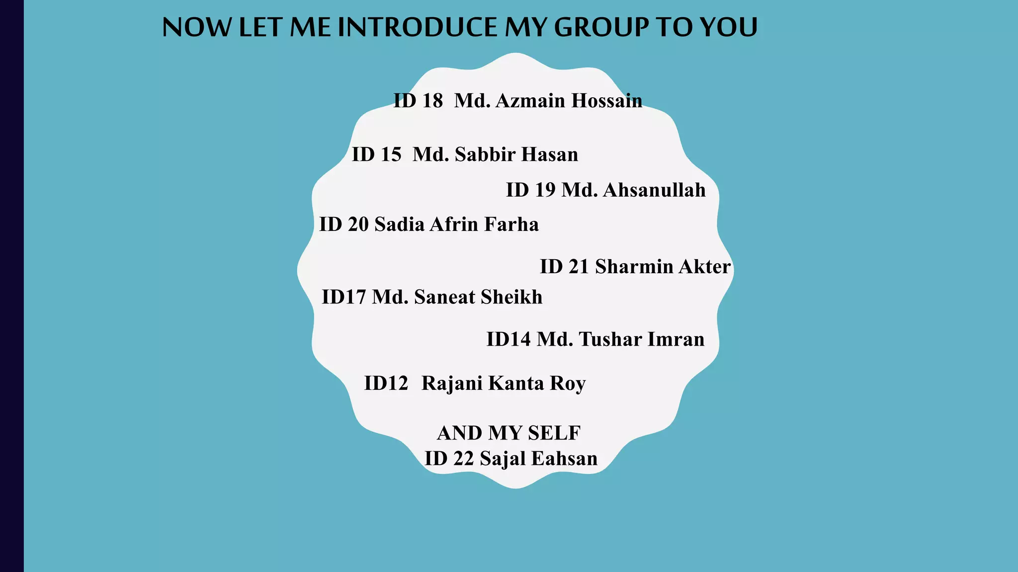 NOW LET ME INTRODUCE MY GROUP TO YOU
ID 18 Md. Azmain Hossain
ID 19 Md. Ahsanullah
ID 20 Sadia Afrin Farha
ID 21 Sharmin Akter
ID17 Md. Saneat Sheikh
AND MY SELF
ID 22 Sajal Eahsan
ID 15 Md. Sabbir Hasan
ID14 Md. Tushar Imran
ID12 Rajani Kanta Roy
 