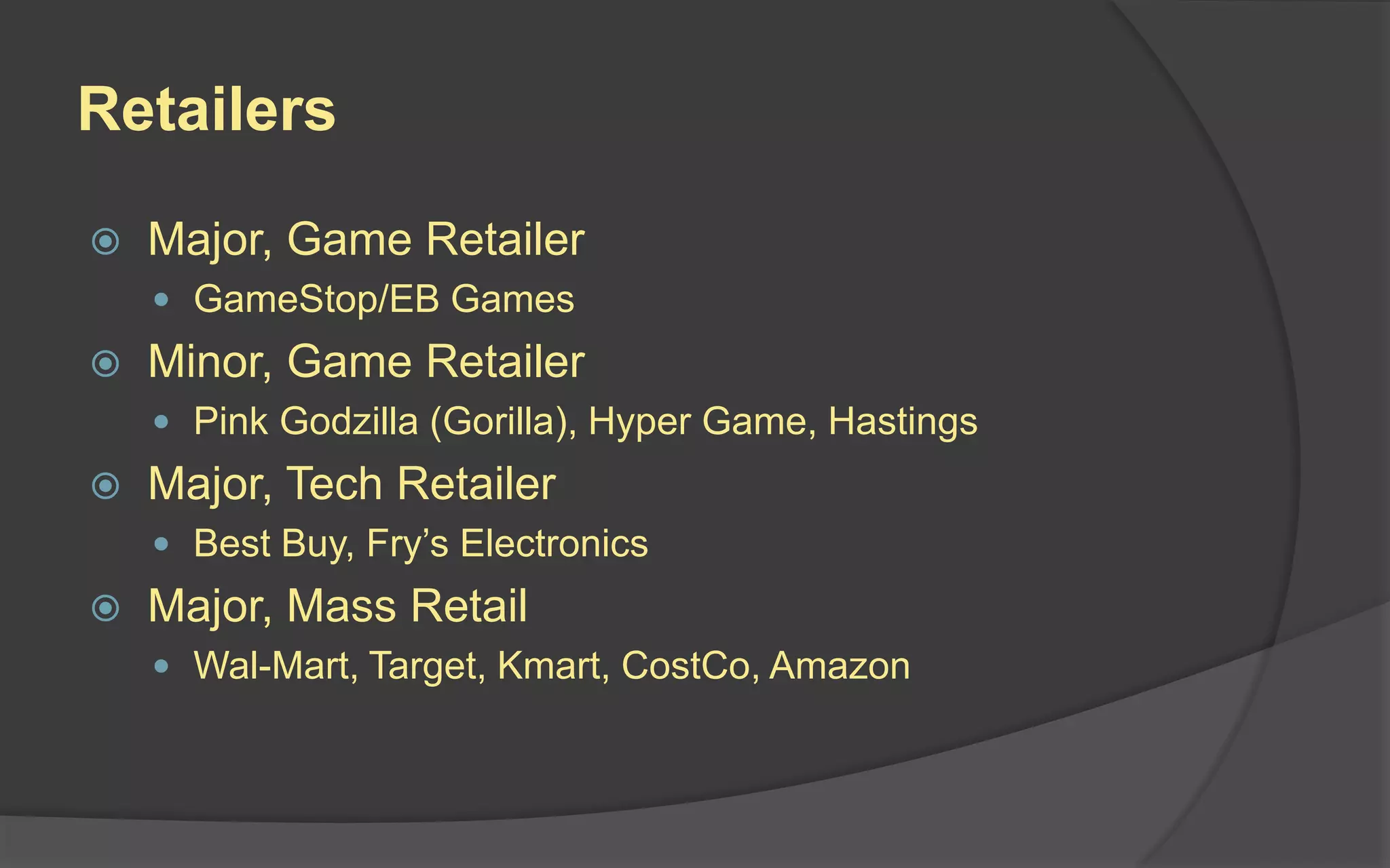 Retailers
 Major, Game Retailer
 GameStop/EB Games
 Minor, Game Retailer
 Pink Godzilla (Gorilla), Hyper Game, Hastings
 Major, Tech Retailer
 Best Buy, Fry’s Electronics
 Major, Mass Retail
 Wal-Mart, Target, Kmart, CostCo, Amazon
 