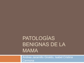 PATOLOGÍAS
BENIGNAS DE LA
MAMA
Andrea Jaramillo Giraldo, Isabel Cristina
Carmona
 
