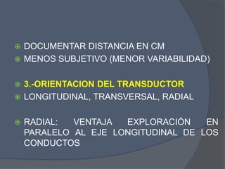  DOCUMENTAR DISTANCIA EN CM
 MENOS SUBJETIVO (MENOR VARIABILIDAD)
 3.-ORIENTACION DEL TRANSDUCTOR
 LONGITUDINAL, TRANSVERSAL, RADIAL
 RADIAL: VENTAJA EXPLORACIÓN EN
PARALELO AL EJE LONGITUDINAL DE LOS
CONDUCTOS
 