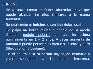 CLINICA :
.- Se ve una tumoración firme subaerolar, móvil que
puede alcanzar tamaños similares a la mama
femenina.
.- Generalmente es indoloro o con leve dolor local.
.- Se palpa un botón mamario debajo de la areola
llamado nódulo puberal el que involuciona
normalmente en 1 – 2 años. A veces aumenta de
tamaño y puede persistir. Es bien circunscrito y duro
(fibroadenoma benigno).
.- En el adulto a la palpación hay tejido mamario y
graso semejante a la mama femenina.
 