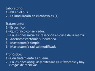 Laboratorio:
1.- BK en el pus.
2.- La inoculación en el cobayo es (+).
Tratamiento:
1.- Específico.
2.- Quirúrgico conservador.
3.- En lesiones iníciales: resección en cuña de la mama.
4.- Adenomastectomía subcutánea.
5.- Mastectomía simple.
6.- Mastectomía radical modificada.
Pronóstico:
1.- Con tratamiento es bueno.
2.- En lesiones antiguas y extensas es < favorable y hay
riesgos de recidivas.
 