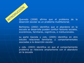 Quevedo (2008) afirma que el problema de
deserción escolar es un problema multifactorial.

la

Bertranou (2002) identifico que el abandono en la
escuela se desarrolla pueden confluir factores sociales,
económicos, familiares, cognitivos, e institucionales.
su parte Gaxiola y cols. (2005) identifica en otro
estudio relaciones familiares y comportamentales
asociadas a la deserción escolar.
y cols. (2003) identifica en que el comportamiento
problema se relaciona ampliamente con el abandono
en la escuela

 
