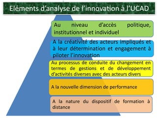 Au niveau d’accès politique,
institutionnel et individuel
A la créativité des acteurs impliqués et
à leur détermination et engagement à
piloter l’innovation
Au processus de conduite du changement en
termes de gestions et de développement
d’activités diverses avec des acteurs divers
A la nouvelle dimension de performance
A la nature du dispositif de formation à
distance
Eléments d’analyse de l’innovation à l’UCAD