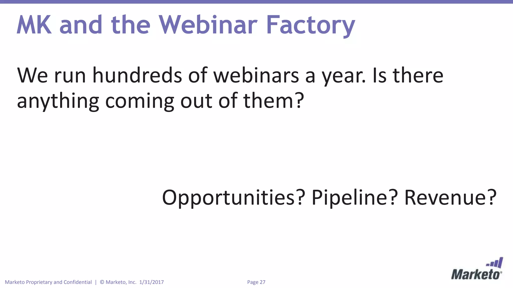 Page 27Marketo Proprietary and Confidential | © Marketo, Inc. 1/31/2017
MK and the Webinar Factory
We run hundreds of webinars a year. Is there
anything coming out of them?
Opportunities? Pipeline? Revenue?
 