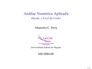 Análise Numérica Aplicada
Mamãe, o Excel dá errado!
Alejandro C. Frery
LaCCAN
Laboratório de Computação Cientíﬁca
e Análise Numérica
Universidade Federal de Alagoas
XIII ERBASE
1 / 42
 