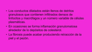• Los conductos dilatados están llenos de detritos
granulosos que contienen infiltrados densos de
linfocitos y macrófagos y un número variable de células
plasmáticas.
• En ocasiones se forma inflamación granulomatosa
alrededor de lo depósitos de colesterol.
• La fibrosis puede acabar produciendo retracción de la
piel y el pezón.
 