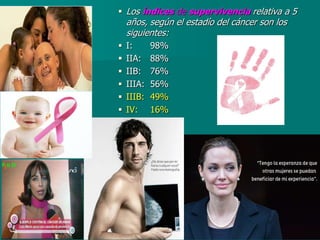  Los índices de supervivencia relativa a 5
años, según el estadío del cáncer son los
siguientes:
 I: 98%
 IIA: 88%
 IIB: 76%
 IIIA: 56%
 IIIB: 49%
 IV: 16%
 