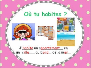 J’_____ un a__________ en
un v_____ au b____ de la m___
ppartementhabite
ille ord er
 