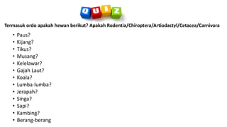 • Paus?
• Kijang?
• Tikus?
• Musang?
• Kelelawar?
• Gajah Laut?
• Koala?
• Lumba-lumba?
• Jerapah?
• Singa?
• Sapi?
• Kambing?
• Berang-berang
Termasuk ordo apakah hewan berikut? Apakah Rodentia/Chiroptera/Artiodactyl/Cetacea/Carnivora
 