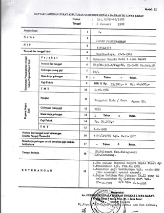 ModcI: 52
D{FT.{R L.{JPIR{ SURAT KEPUTUS.d GUBERNUR KEPALA DAERAH TK I
'AWA
BARAT
Nomor : Czi.12/ii_63/t9}s
Tanggal : 6Jarruarj. 19BB
cilci Urut
Nema
NIP
Tempat dan tangEBI lahir
Golorrgan ruang gaji
Mara kerja golongrn
Nomor dan tanggal lunt kclermgln
Dokte r Pcn gujl Tencndlrl
Masa kcrja golongan untuk kenrikan grji bcrkata
bcrikutnya
iempet bckerjr :
KETERANCAN
i .r,I.'.'0i rAlrrunnaHl{Il{
131rM373
IasilcmaI 17-2-196
Gubernur l(cpa1a Dati I Jawa Barat
U tila<-l+j-D/p es/ 86, 2>-g-86 l.tro.urt.Ip
rr./a
Trhun Bulan.
8{}% X Rp. 55,5AOr- = Rp. 44.400r-
1- 10- 1 gB6
Pengaiur Iiucla / Gum .fig:a.roa SD.
].I/a
Tahun '
Bulur.
Rp.58*200r-
1-z- r 9BB
it>,;/wr/BJ ts.I. z-11-:9}7
Tdrun . 4 Bulm..
SD.PuLosari Kec.Talagasari
"' ilaLl.iIa:.&w&ngo
TINGIUT I JAWA BARAT.
I. Jrwr Brnt.
dan Non Telcuise
1'
o6
8.4
!il
c, 60
lz q)
!zai,
=;dg0
co.
9c,o
a8ru
V
G'
ao
(,
Zra.-o
,'6ni
ool
E
a^Ibs adalah Pegawai Negeri Siipil H.:sat dpl
.b*Pendidil.crn Ijz, PGA.tir.1985 ..
c.Kerr,aircan 6laJl berikr:tnya t6I. 1-1o-1ggg
, JLka. rncnenuhi nyarat syarat. I
d.Lr:Ius La.tihan Pra Jgbatan Tk.I[ yhfrg di
selen6garakan di Cirebon da:rr. tg!..' -
2l,"rz-,D57 s,/a tgl'. 6-i-r$g
Pejabat
Nomor dan tanggal
Golongan nrurg gaji
Masa kerja golongan
Pangkat
Pj.
{..aTAFr
'fr"'--
 