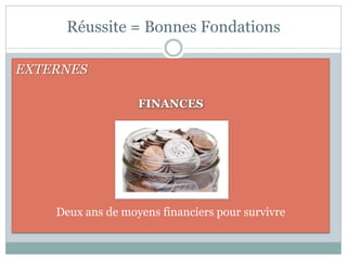 Réussite = Bonnes Fondations

EXTERNES

                   FINANCES




    Deux ans de moyens financiers pour survivre
 