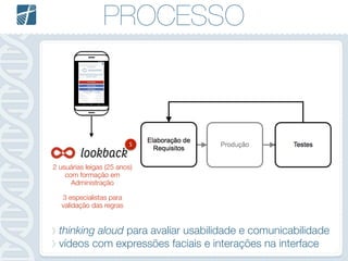 PROCESSO
5
2 usuárias leigas (25 anos)
com formação em
Administração
3 especialistas para
validação das regras
thinking aloud para avaliar usabilidade e comunicabilidade
vídeos com expressões faciais e interações na interface
 