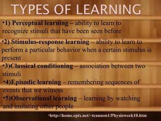 •10
•http://home.epix.net/~tcannon1/Physioweek10.htm
•1) Perceptual learning – ability to learn to
recognize stimuli that have been seen before
•2) Stimulus-response learning – ability to learn to
perform a particular behavior when a certain stimulus is
present
•3)Classical conditioning – association between two
stimuli
•4)Episodic learning – remembering sequences of
events that we witness
•5)Observational learning – learning by watching
and imitating other people
 