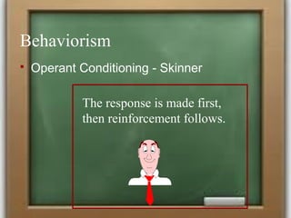 Behaviorism
 Operant Conditioning - Skinner
The response is made first,
then reinforcement follows.
 